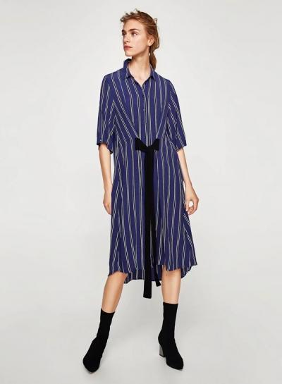 Oasap Turn-down Collar Tie Front Half Sleeve Striped Dress