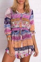 Oasap Boho Mixed Print Flounce Hemline Mini Dress