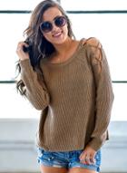 Oasap Round Neck Off Shoulder Lace Up Solid Color Sweater