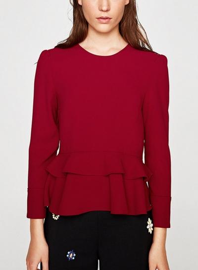 Oasap Round Neck Long Sleeve Flounce Hem Blouse