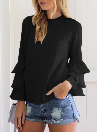 Oasap Solid Color Flounce Sleeve Round Neck Blouse