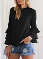 Oasap Solid Color Flounce Sleeve Round Neck Blouse