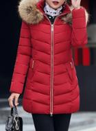 Oasap Fashion Solid Faux Fur Trim Hooded Down Coat