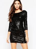 Oasap Sequin Solid Round Neck Backless Mini Bodycon Dress