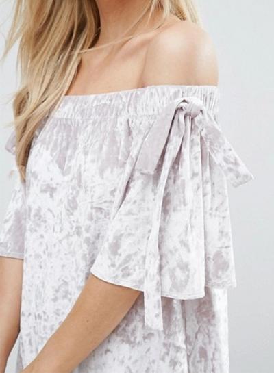 Oasap Off Shoulder Short Sleeve Bow Velvet Dress