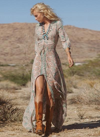 Oasap Boho Deep V Neck 3/4 Sleeve Floral Print Split Dress