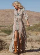 Oasap Boho Deep V Neck 3/4 Sleeve Floral Print Split Dress