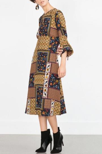 Oasap National Wind Floral Print Keyhole Front Midi Dress