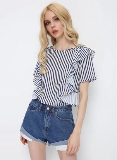 Oasap Fashion Short Sleeve Stripe Ruffle Pullover Tee