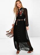 Oasap Stand Collar Long Sleeve Floral Embroidery Button Down Dress