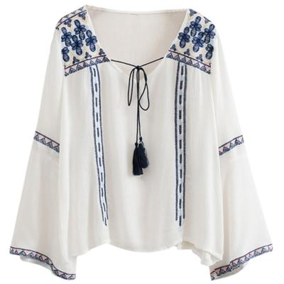 Oasap Women's National Wind Print Lace-up Front Blouse