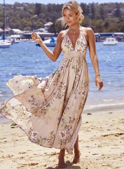Oasap Bohemian V Neck Sleeveless Backless Floral Printed Maxi Dress