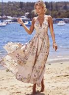 Oasap Bohemian V Neck Sleeveless Backless Floral Printed Maxi Dress