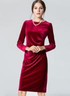 Oasap Solid Long Sleeve Slim Fit Velvet Dress