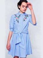 Oasap Fashion 3/4 Sleeve Floral Embroidered Shirt Dress With Belt