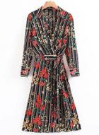 Oasap Turn Down Collar Floral Printed Long Sleeve Dresses