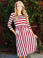 Oasap Round Neck 3/4 Sleeve Striped Pattern Maxi Dress