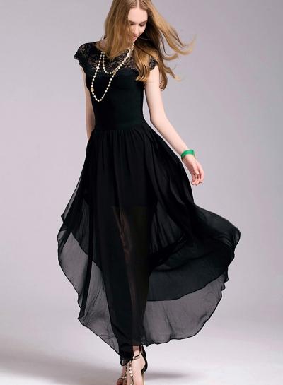 Oasap Fashion Summer Irregular Boho Lace Spicing Short Sleeve Women Maxi Dress