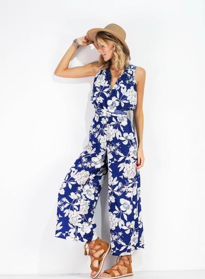 Oasap V Neck Off Shoulder Floral Print Jumpsuit