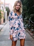 Oasap Long Sleeve Floral Ruffle Loose Fit Dress