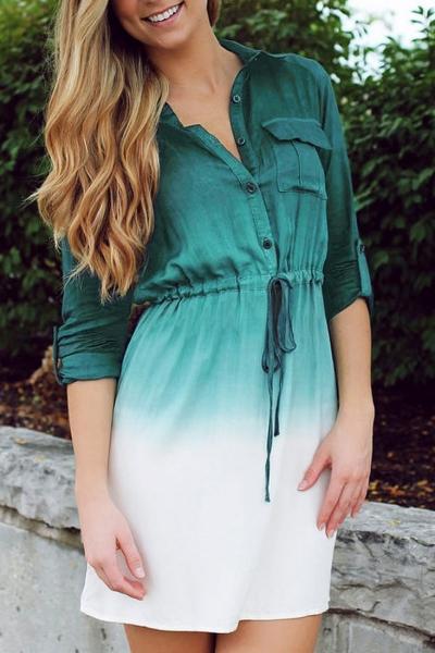 Oasap Fashion Gradient Ramp Lace-up Waist Shirt Dress