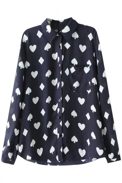Oasap Hearts Spade Print Button Down Shirt