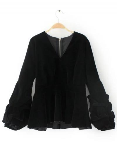 Oasap V Neck Lantern Sleeve Solid Color Flounce Hem Coat