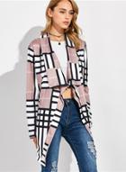 Oasap Turn Down Collar Long Sleeve Plaid Splicing Coat