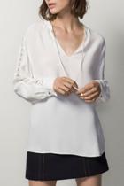 Oasap Hollow Out Sleeve Lace-up Neck Sheer Chiffon Blouse