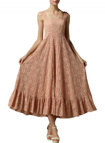 Oasap Women's Square Neck Crochet Lace Flounce Hem Swing Dress