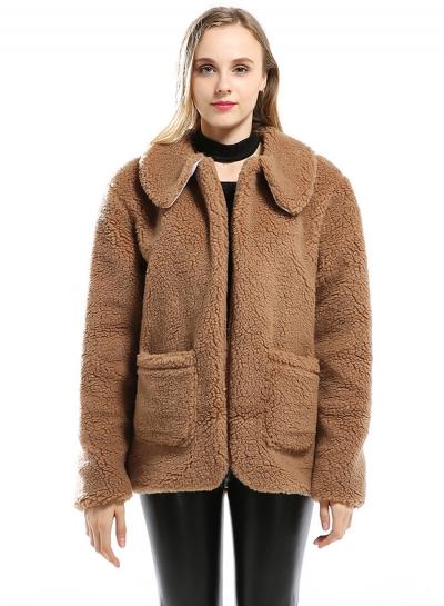 Oasap Turn Down Collar Long Sleeve Solid Color Lamb Wool Coat
