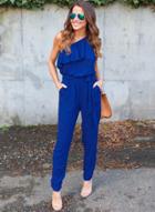 Oasap One Shoulder Ruffle Jumpsuit With Belt