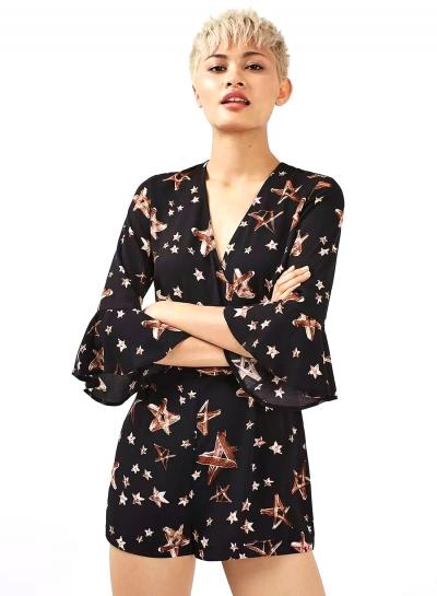 Oasap Casual V Neck 3/4 Sleeve Printed Romper
