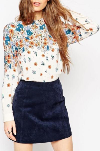 Oasap Stand Collar Floral Print Button Down Chiffon Shirt