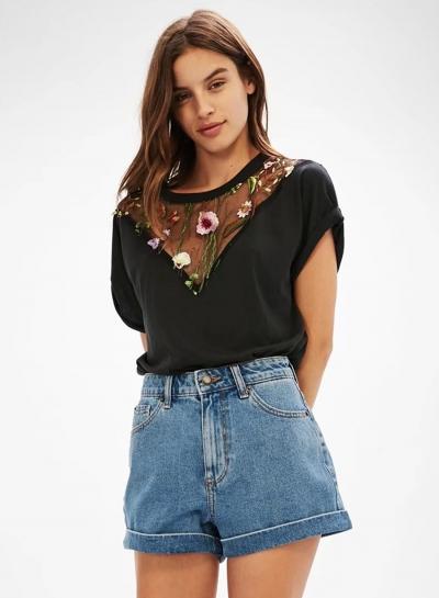 Oasap Fahsion Mesh Floral Embroidery Short Sleeve Tee