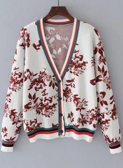 Oasap V Neck Long Sleeve Floral Printed Button Down Cardigan