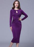 Oasap Pleated Hollowed Out Long Sleeve Solid Color Midi Dress