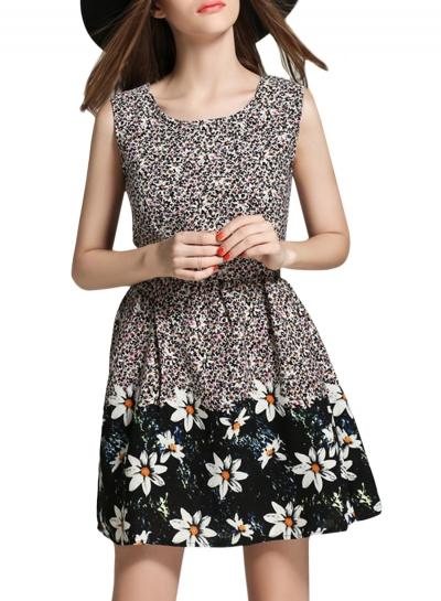 Oasap Women's Casual Round Neck Sleeveless Floral Print A Line Dress
