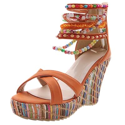 Oasap Bohemian Ankle Strap Beaded Wedge Heels Sandals