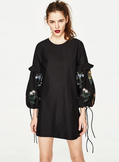 Oasap Round Neck Lantern Sleeve Floral Embroidery Dress