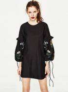 Oasap Round Neck Lantern Sleeve Floral Embroidery Dress