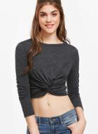 Oasap Round Neck Long Sleeve Solid Color Crop-top