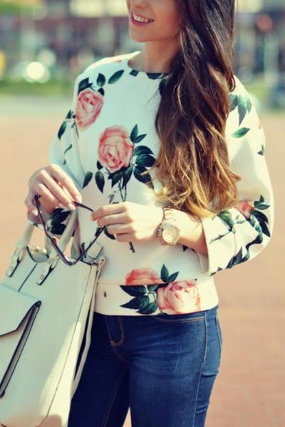 Oasap Vintage Floral Print Round Neck Pullover Sweatshirt