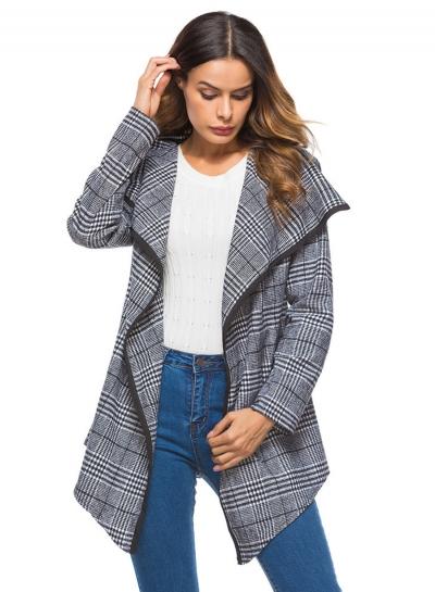 Oasap Fashion Plaid Long Sleeve Open Front Irregular Coat