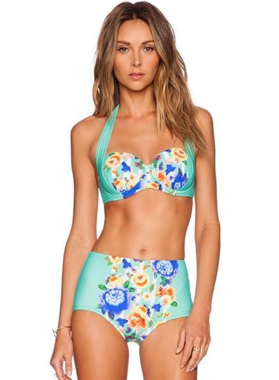 Oasap Floral Printed Halter Top High Waist Bottom Bikini Set