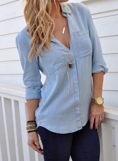 Oasap Fashion Long Sleeve Button Down Denim Shirt With Pockets