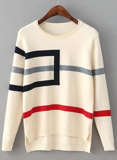 Oasap Round Neck Striped Long Sleeve Sweater