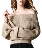 Oasap Women's Solid Long Sleeve Off Shoulder Loose Knit Pullover Sweater