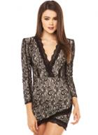 Oasap Women's Embroidery Plunge Neck 3/4 Sleeve Mini Dress