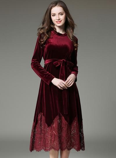 Oasap Fashion Long Sleeve Lace Velvet Dress With Belt